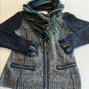 Anthropologie- Curio, small, Cozy Gray and Blue Zip-Up Sweater‎ with Scarf